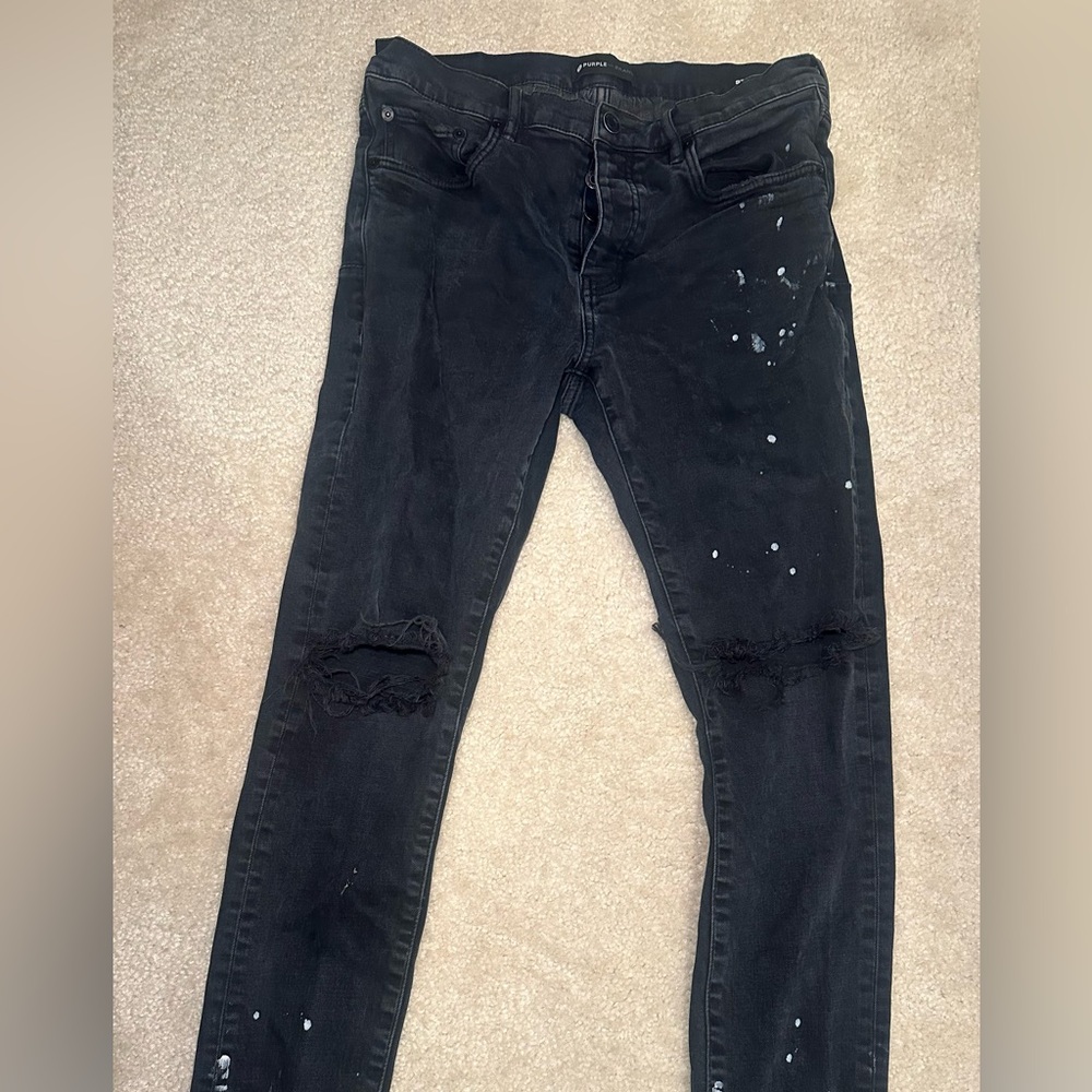 Purple Brand Paint Splatter Ripped Knee Black Jeans